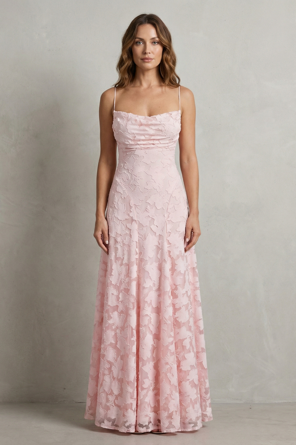 Pink floral embossed sleeveless maxi dress, ruched bodice and full skirt