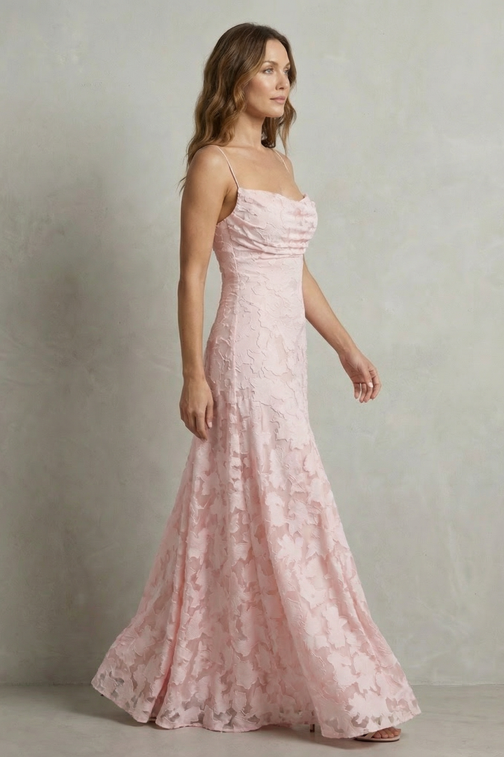 Pink floral embossed sleeveless maxi dress with ruched bodice, side view