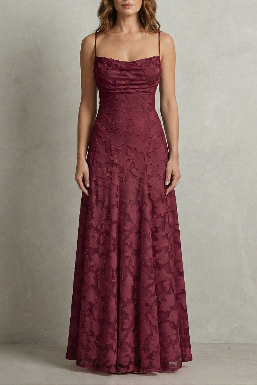 Burgundy floral embossed sleeveless maxi dress, ruched bodice and long skirt