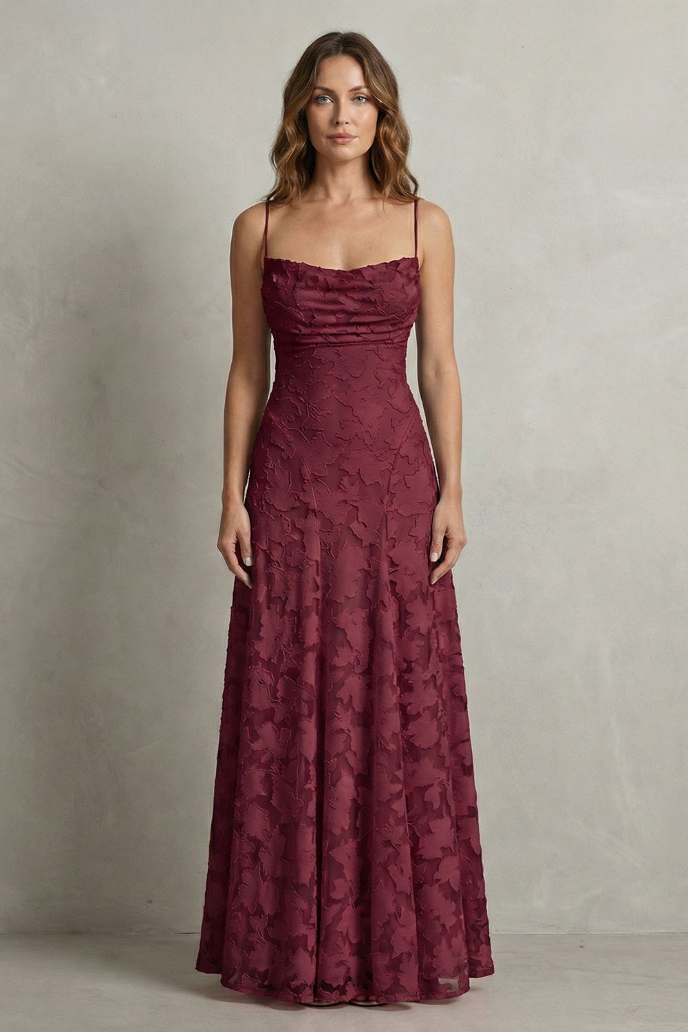 Burgundy floral embossed sleeveless maxi dress with ruched square neckline