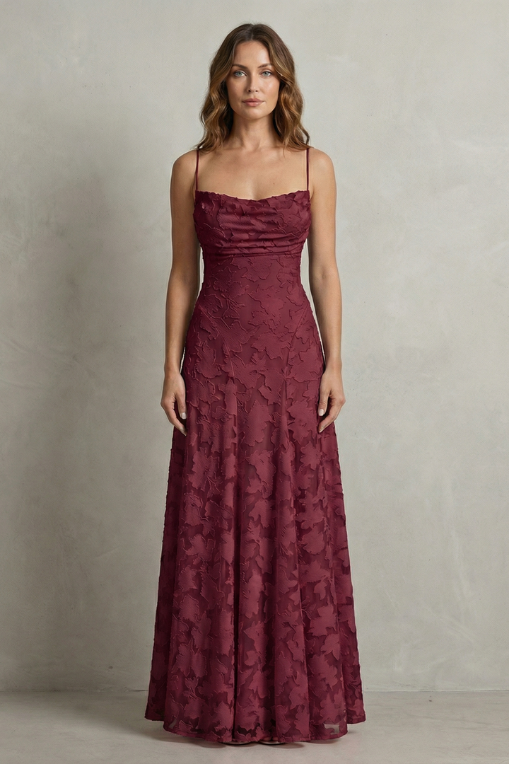 Burgundy floral embossed sleeveless maxi dress with ruched square neckline