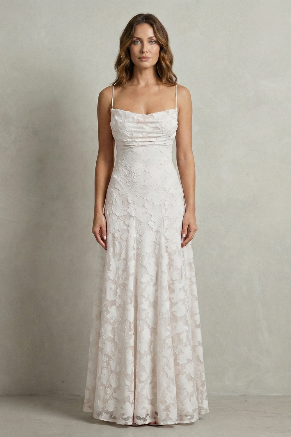 White floral embossed sleeveless maxi dress with ruched square neckline