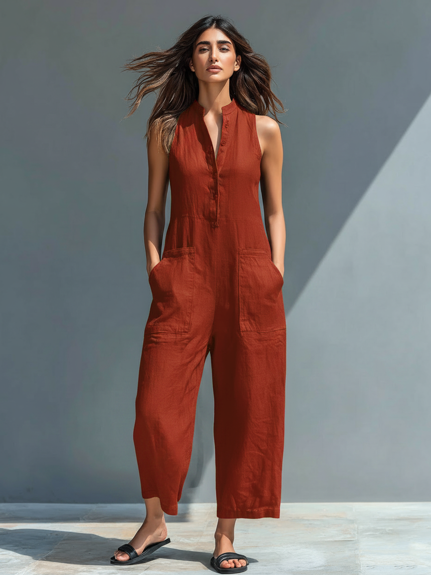 Sleeveless utility jumpsuit, rust red, button-front with patch pockets and wide ankle-length legs