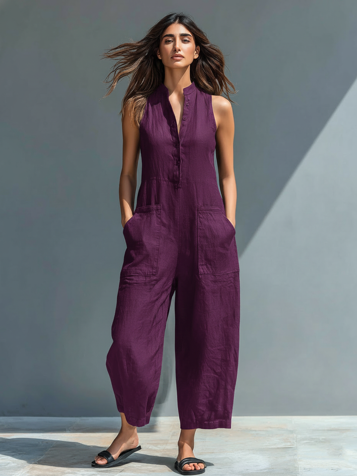 Sleeveless utility jumpsuit, purple, sleeveless button-front with patch pockets and wide legs