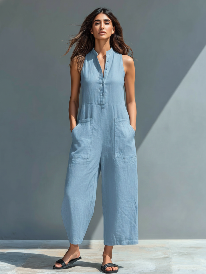 Sleeveless utility jumpsuit, light blue, sleeveless button-front with patch pockets and wide legs