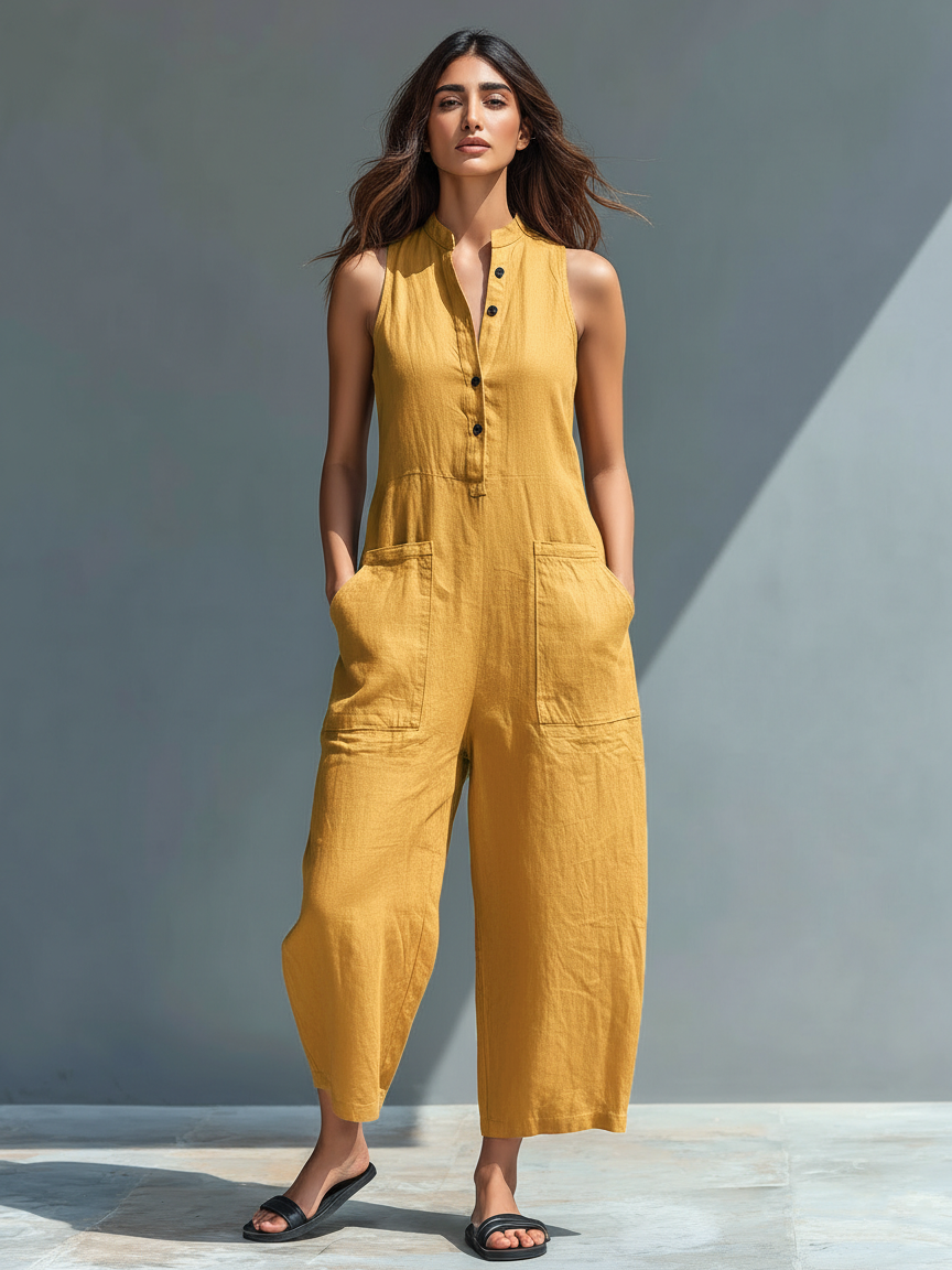 Sleeveless utility jumpsuit, yellow, button-front with patch pockets and wide ankle-length legs