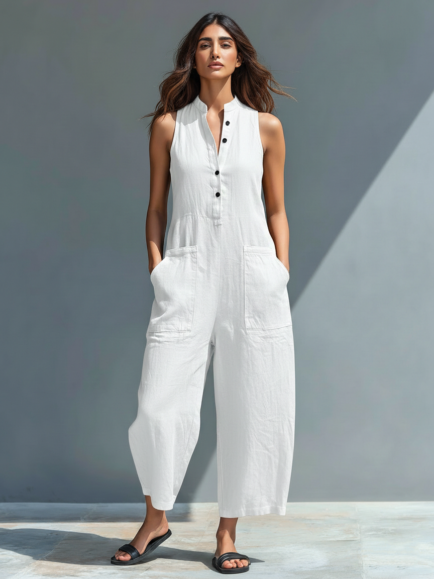 Sleeveless utility jumpsuit, white, sleeveless button-front with patch pockets and wide legs
