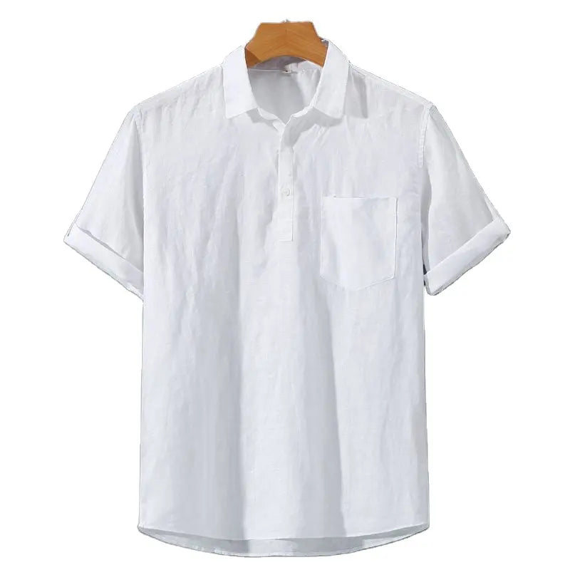 White linen polo shirt with short sleeves, button placket, and chest pocket