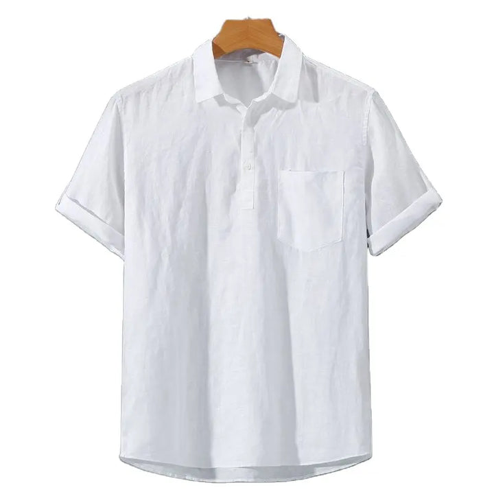 White linen polo shirt with short sleeves, button placket, and chest pocket