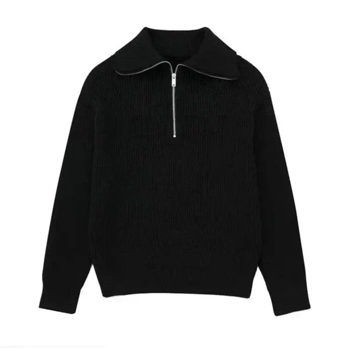 Black knit quarter-zip sweater with ribbed stand collar and short zipper