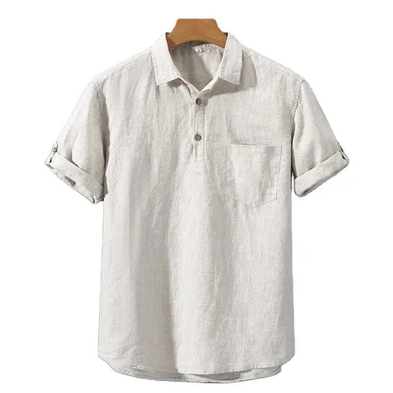 Light beige linen polo shirt with short sleeves, button placket, and chest pocket