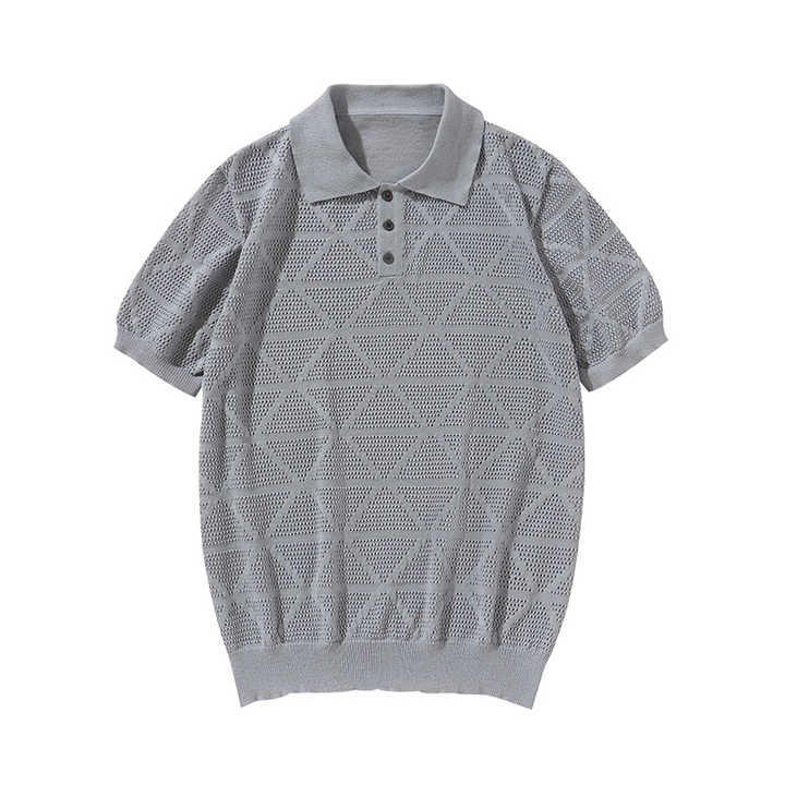 Grey knitted polo shirt with ribbed collar and three-button placket