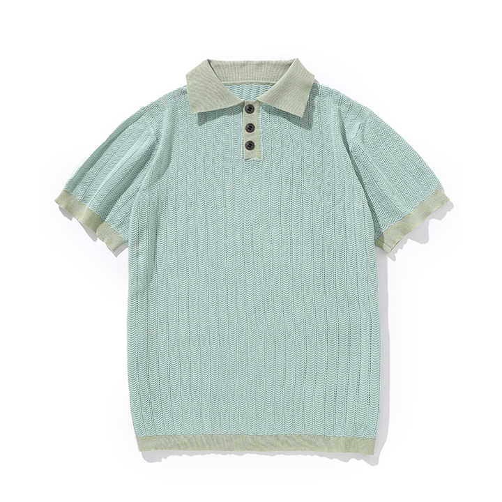 Mint knit polo shirt with ribbed collar and three-button placket