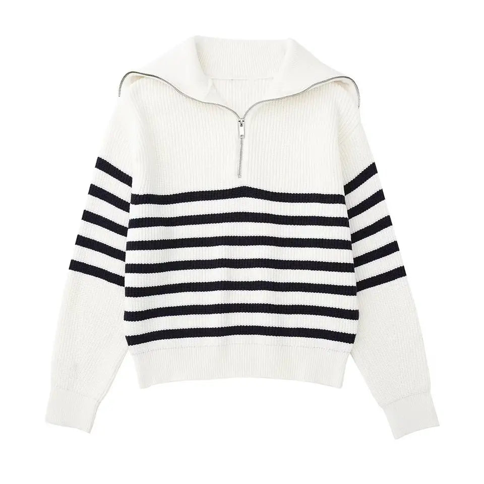 White knit zip-up sweater with bold navy-and-white horizontal stripes