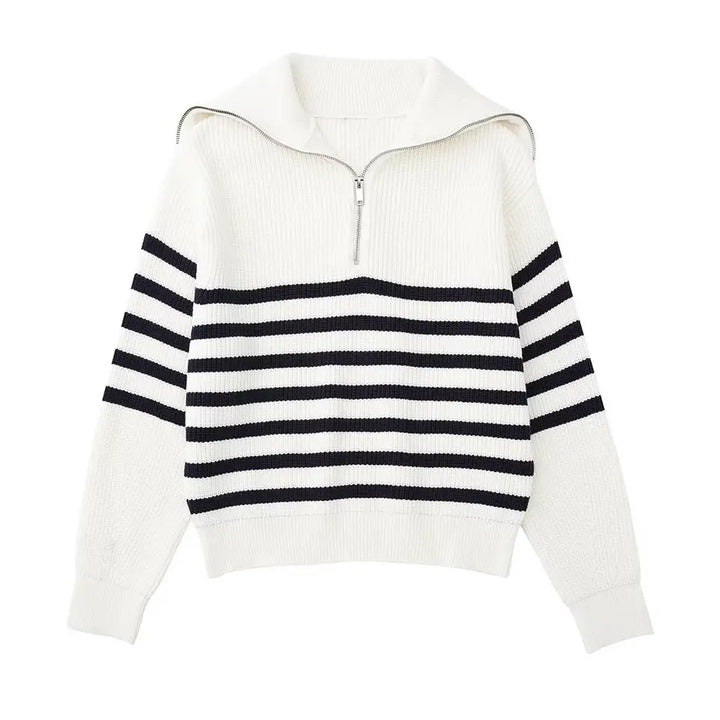 White knit zip-up sweater with bold navy-and-white horizontal stripes