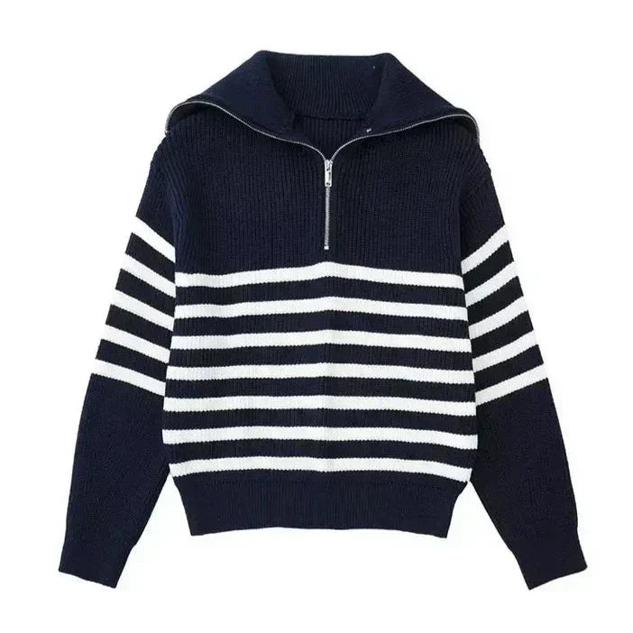 Navy knit zip-up sweater with white-and-navy horizontal striped band and ribbed cuffs