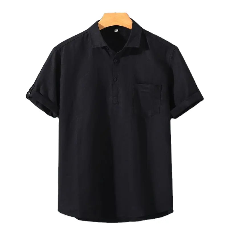 Black linen polo shirt with short sleeves, button placket, and chest pocket