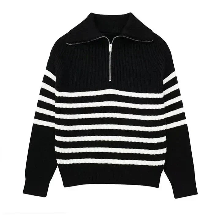 Black knit zip-up sweater with white horizontal stripes and ribbed stand collar