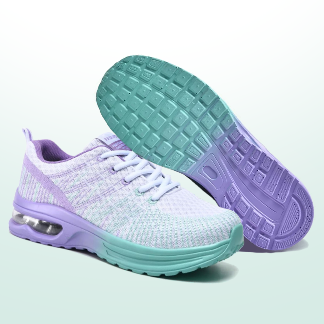 Women’s air cushion walking sneakers: lavender knit upper, teal air sole