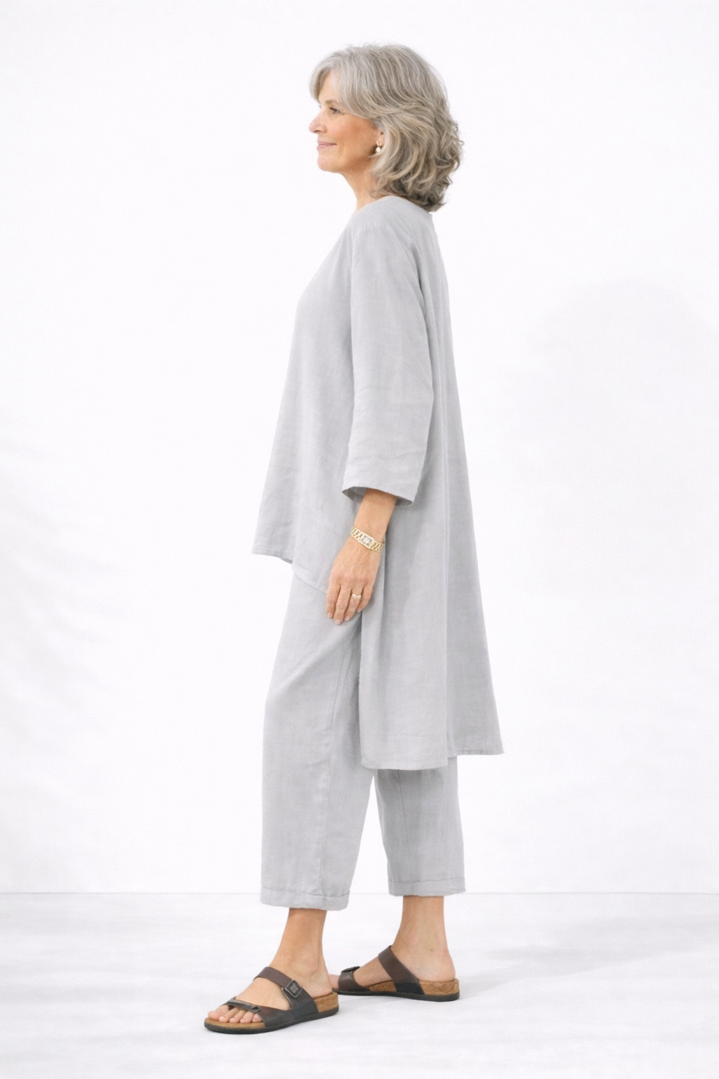 Light gray two-piece set with V-neck layered top and wide-leg pants