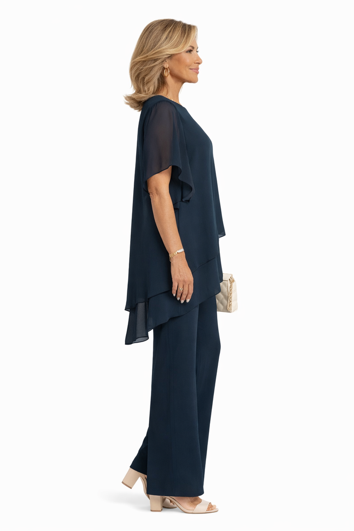 Layered chiffon two-piece set in dark navy, side view: overlay tunic and wide-leg pants