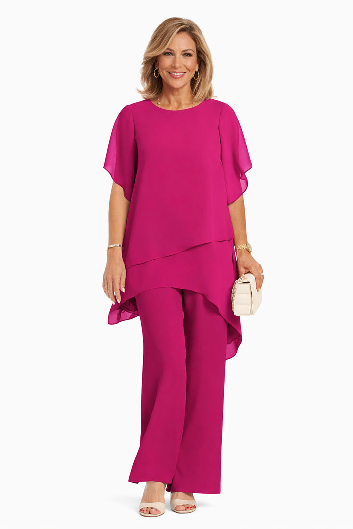 Layered chiffon two-piece set in fuchsia: draped tunic overlay and wide-leg pants