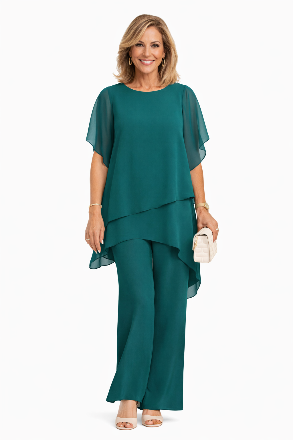 Layered chiffon two-piece set in teal: draped tunic overlay and wide-leg pants