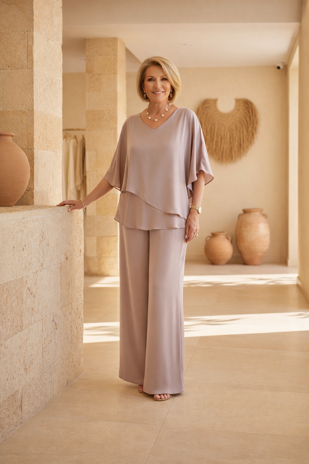 Taupe layered two-piece set with draped poncho top and wide-leg pants