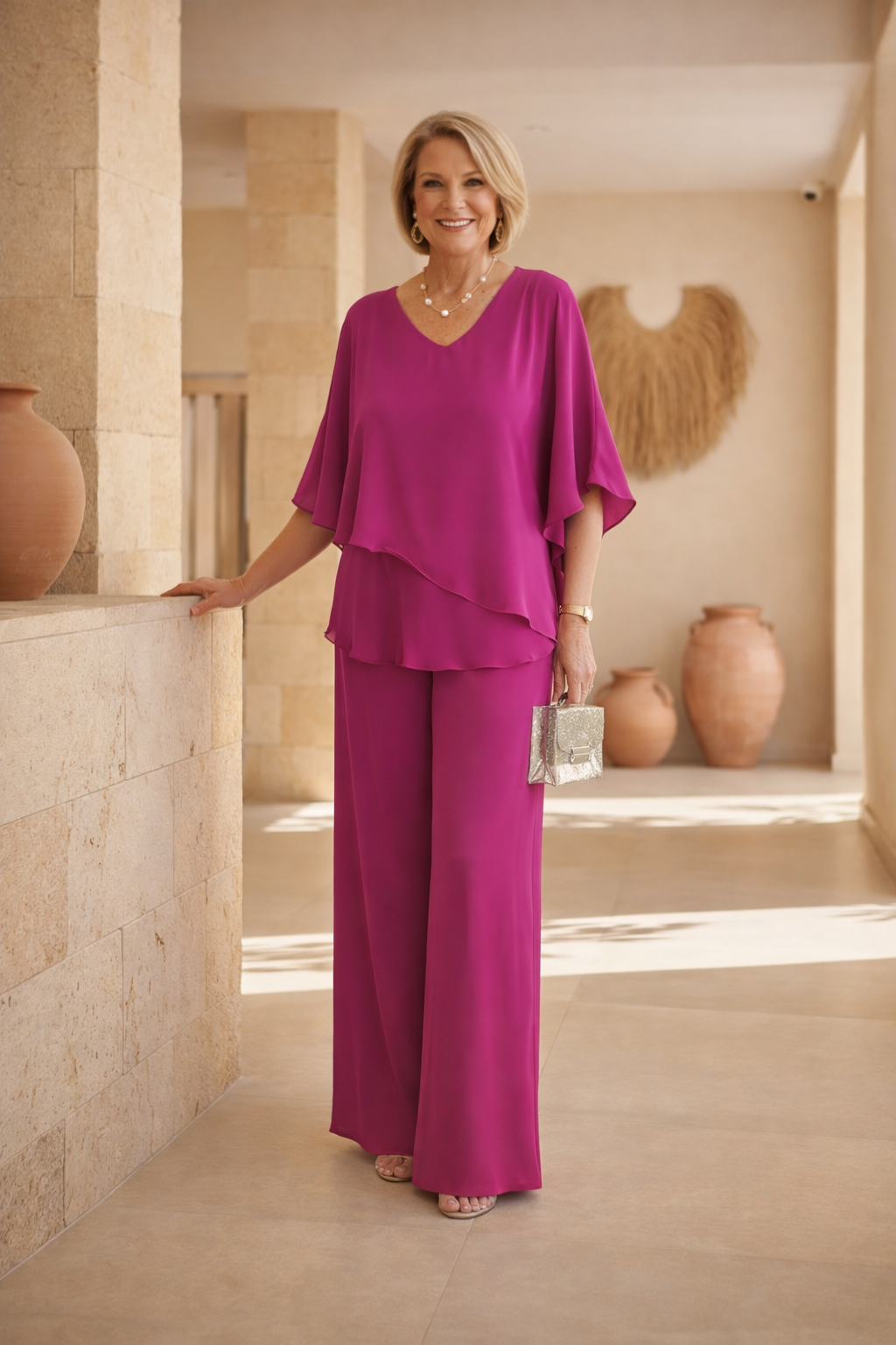 Fuchsia layered two-piece set with draped poncho top and wide-leg pants