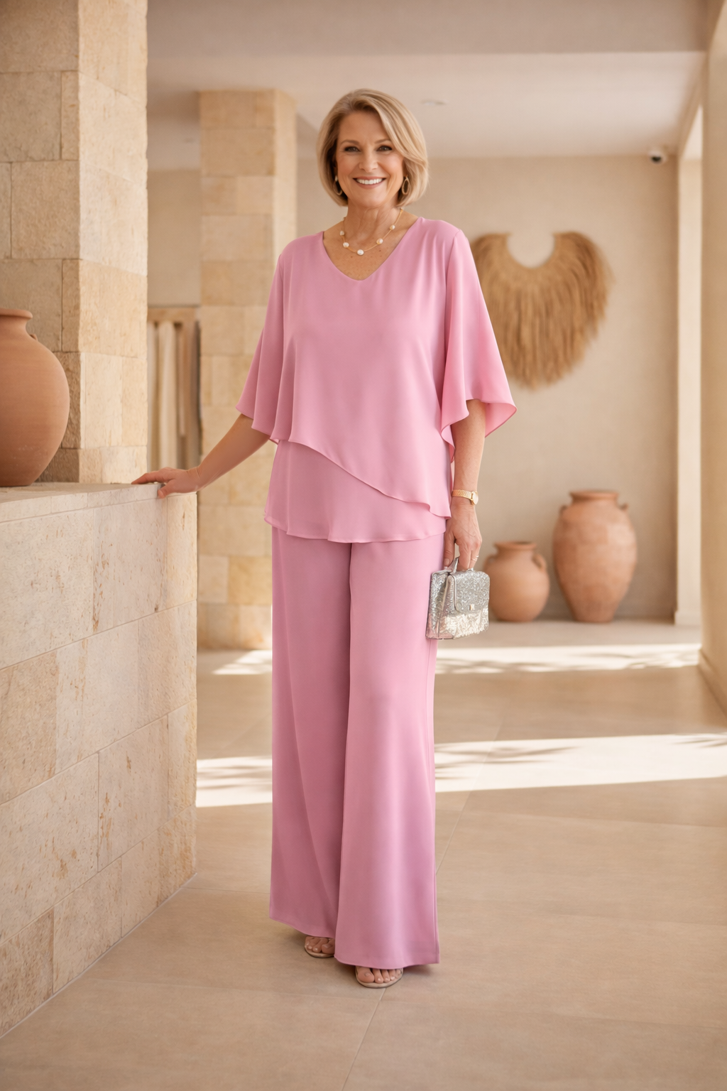 Pink layered two-piece set with draped poncho top and wide-leg pants