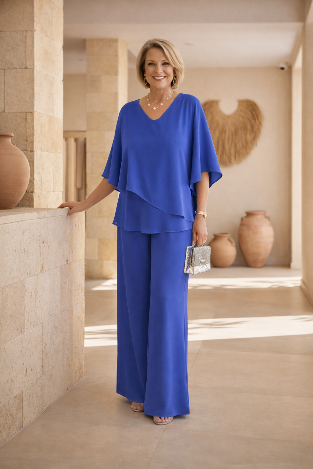 Blue layered two-piece set with draped poncho top and wide-leg pants