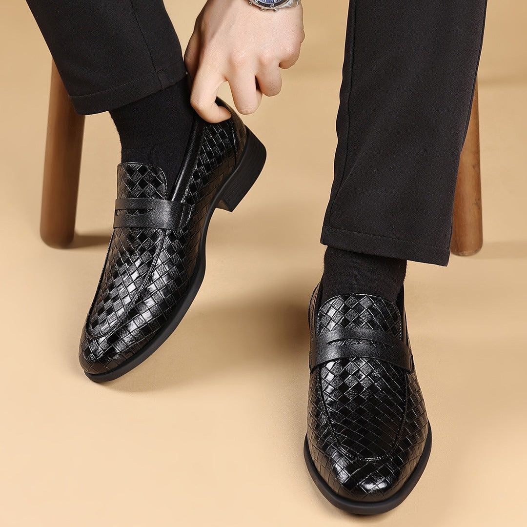 Black woven slip-on business shoes with cross strap, rounded toe, and low heel