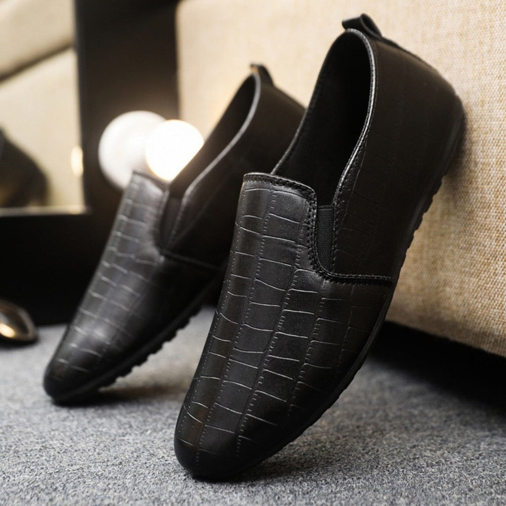 Black croc-textured slip-on loafers with elastic side panels