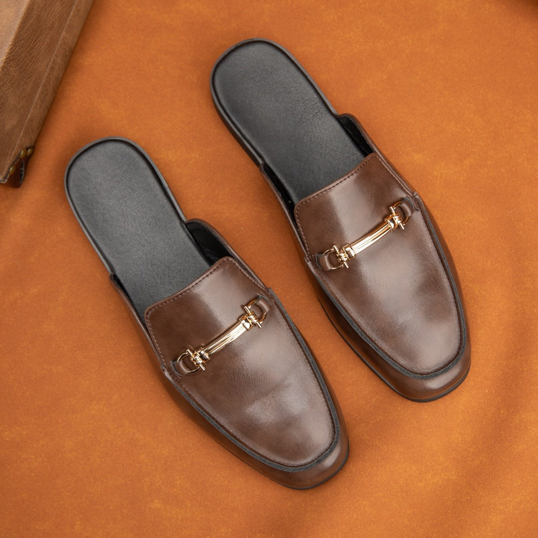 Leather slip-on sandals with gold-tone buckles, tan and brown