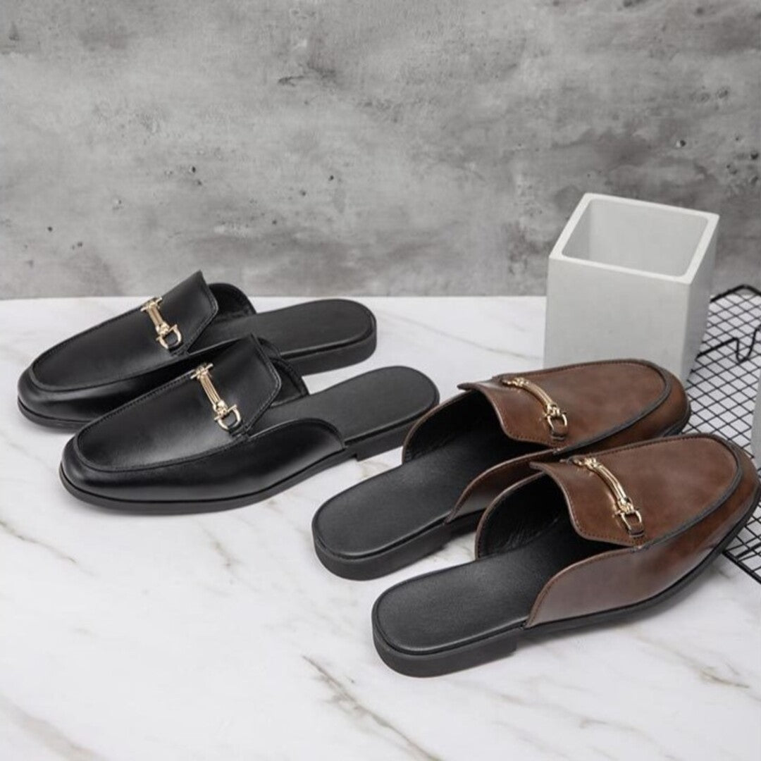 Leather slip-on sandals set: black and brown with gold-tone buckle detail