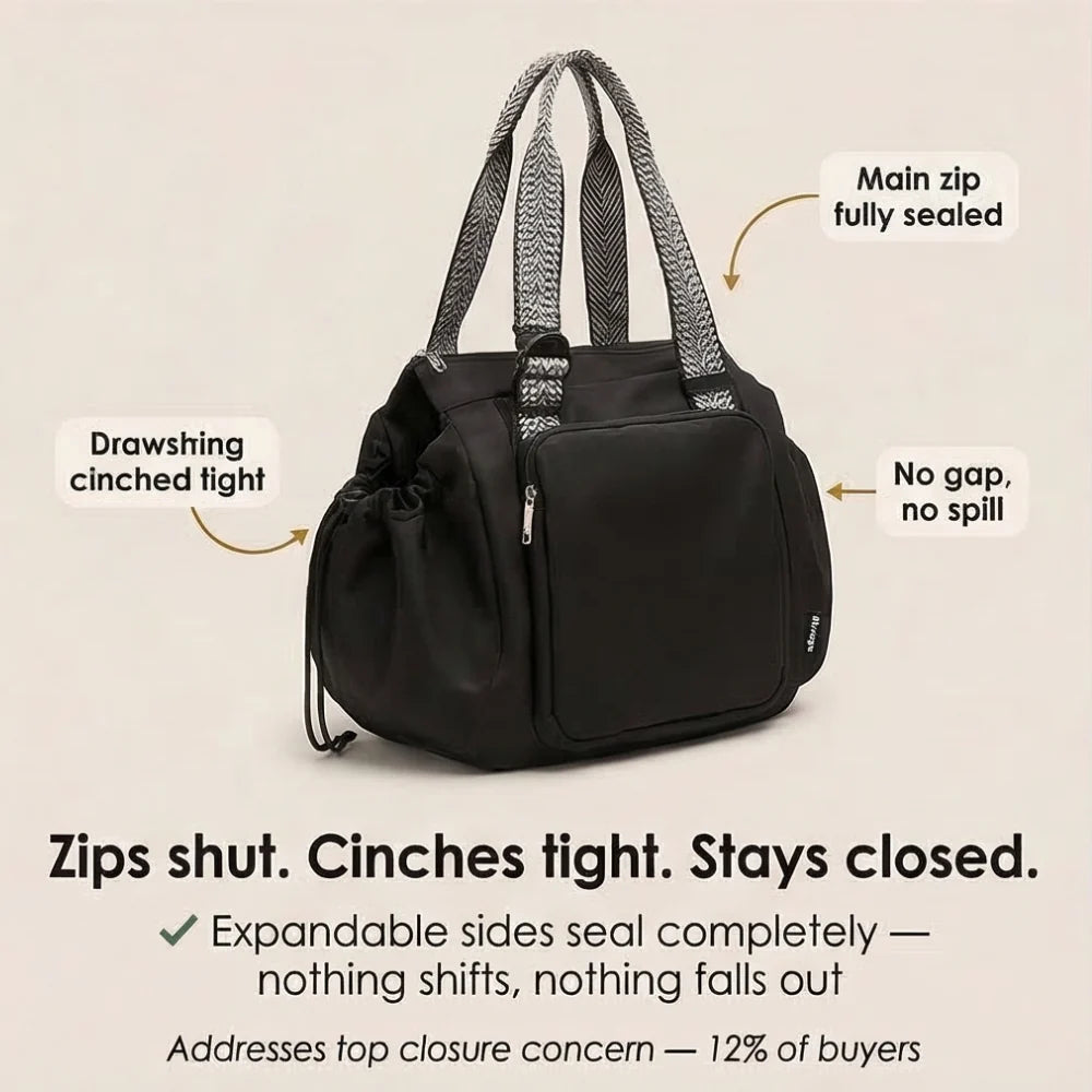 Black 3-in-1 organized tote bag with main zipper and drawstring cinched sides for a sealed closure