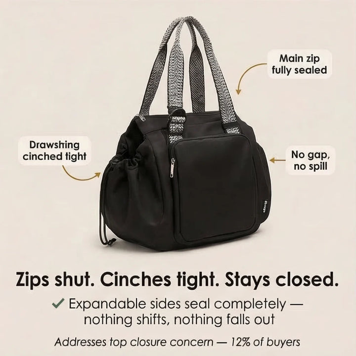Black 3-in-1 organized tote bag with main zipper and drawstring cinched sides for a sealed closure