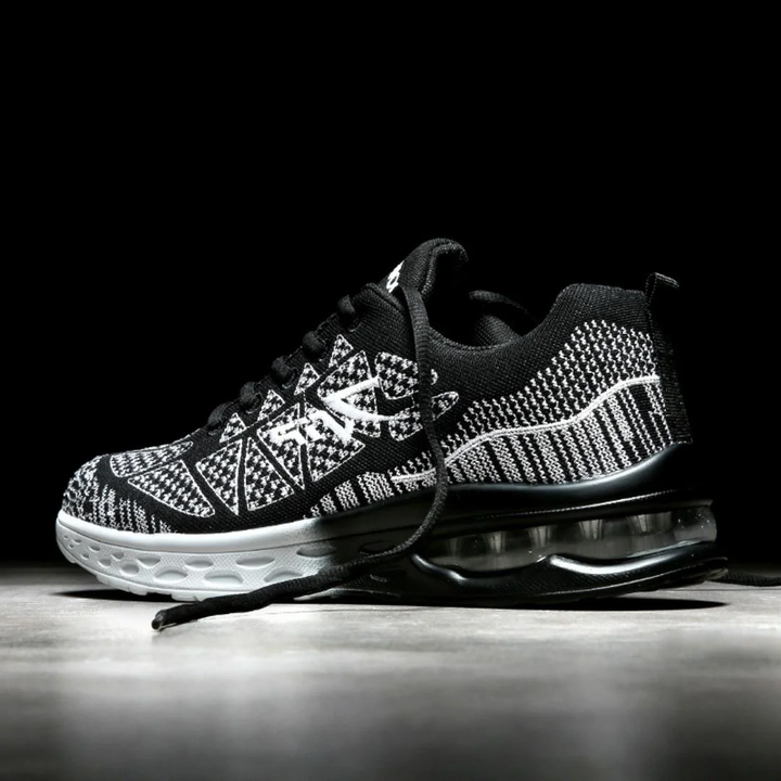 Black and white knit lace-up walking sneaker with low air-cushion sole