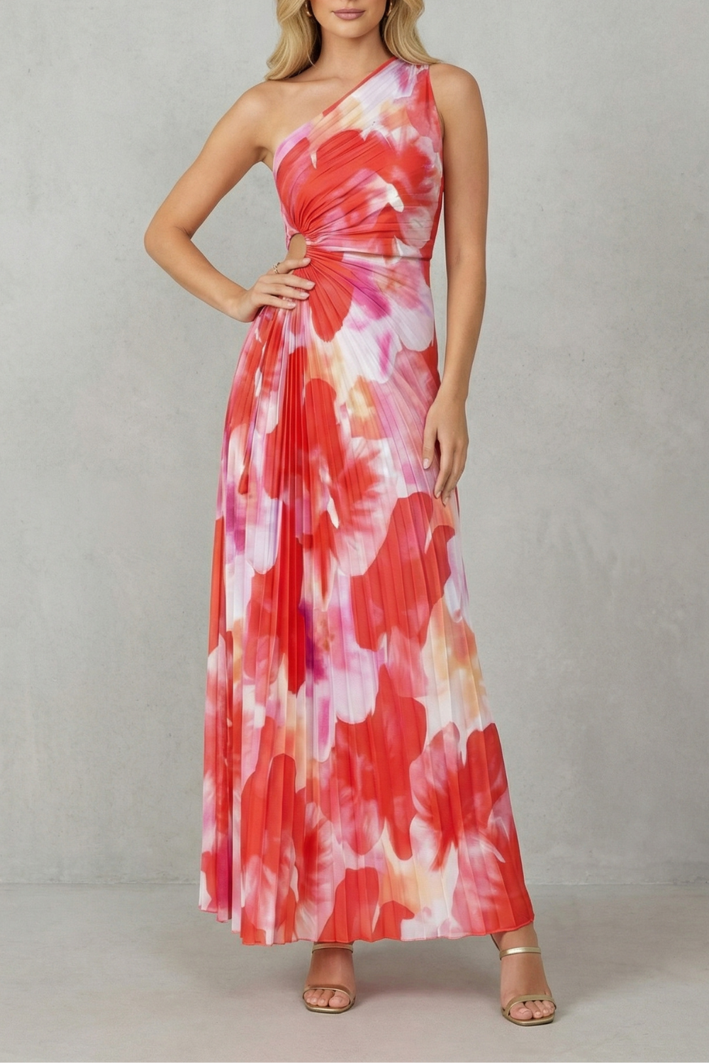 Red and white printed one-shoulder maxi dress with draped bodice