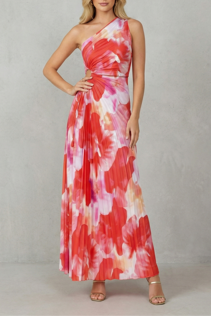 Red and white printed one-shoulder maxi dress with draped bodice
