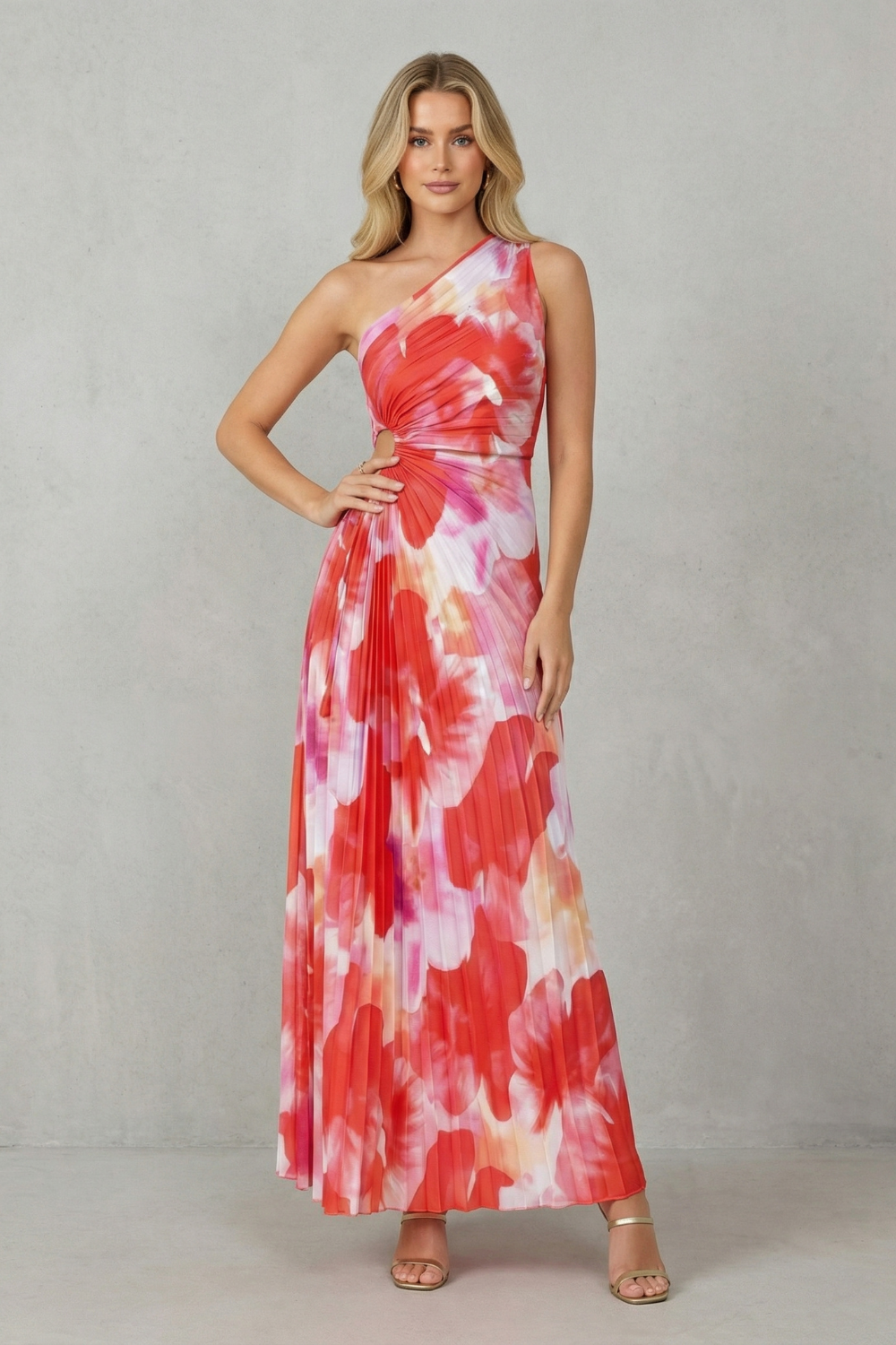 Red and white abstract printed one-shoulder maxi dress, side slit