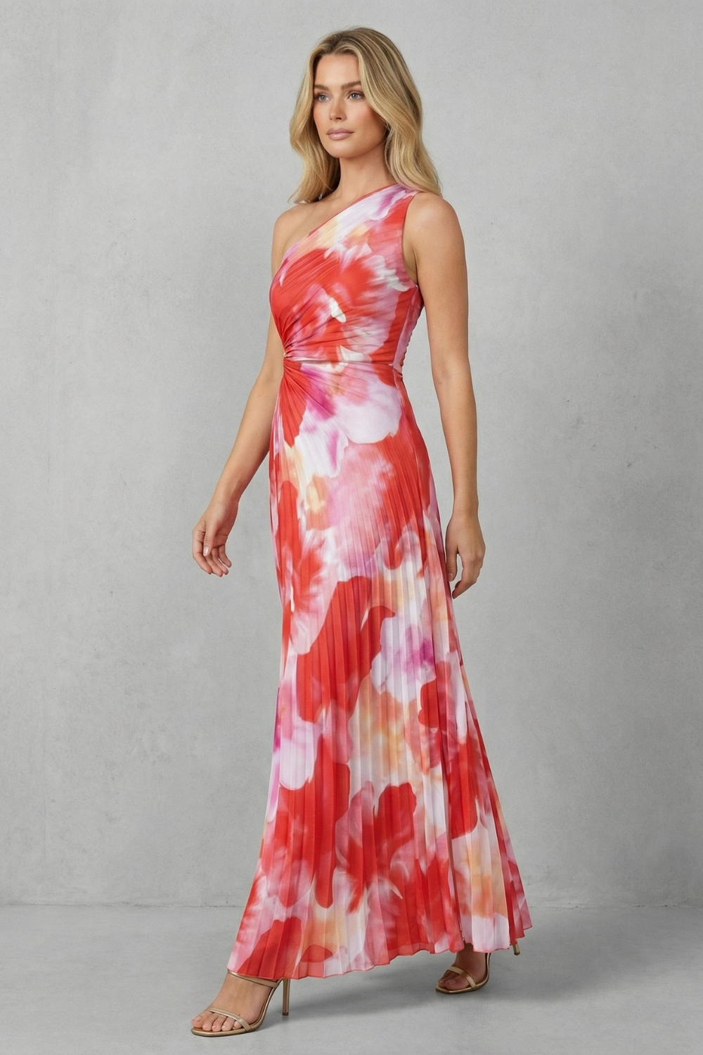 Red and white printed one-shoulder maxi dress with open back detail