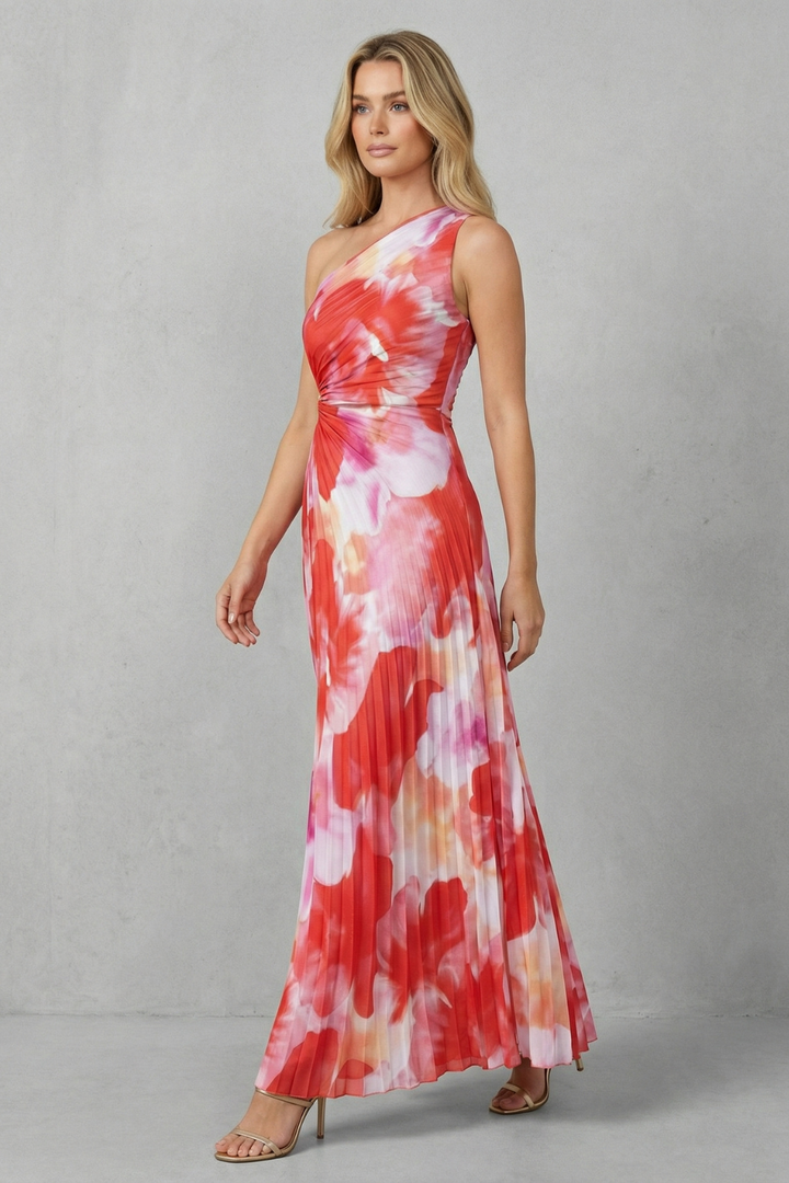 Red and white printed one-shoulder maxi dress with open back detail