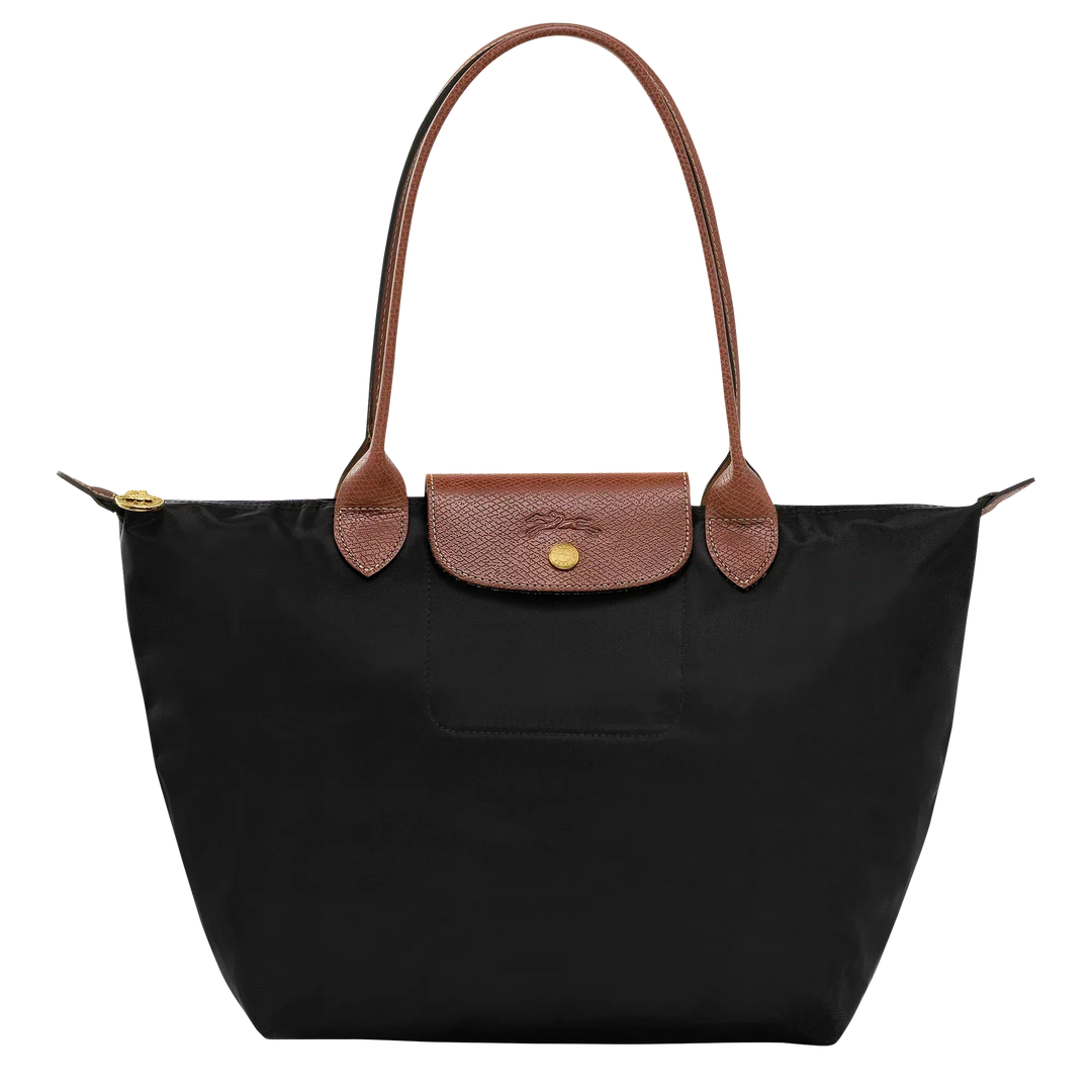Longchamp medium Le Pliage tote in black with tan leather trim and front flap pocket