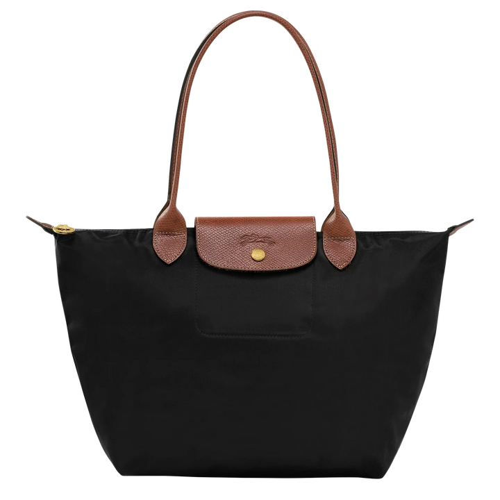 Longchamp medium Le Pliage tote in black with tan leather trim and front flap pocket