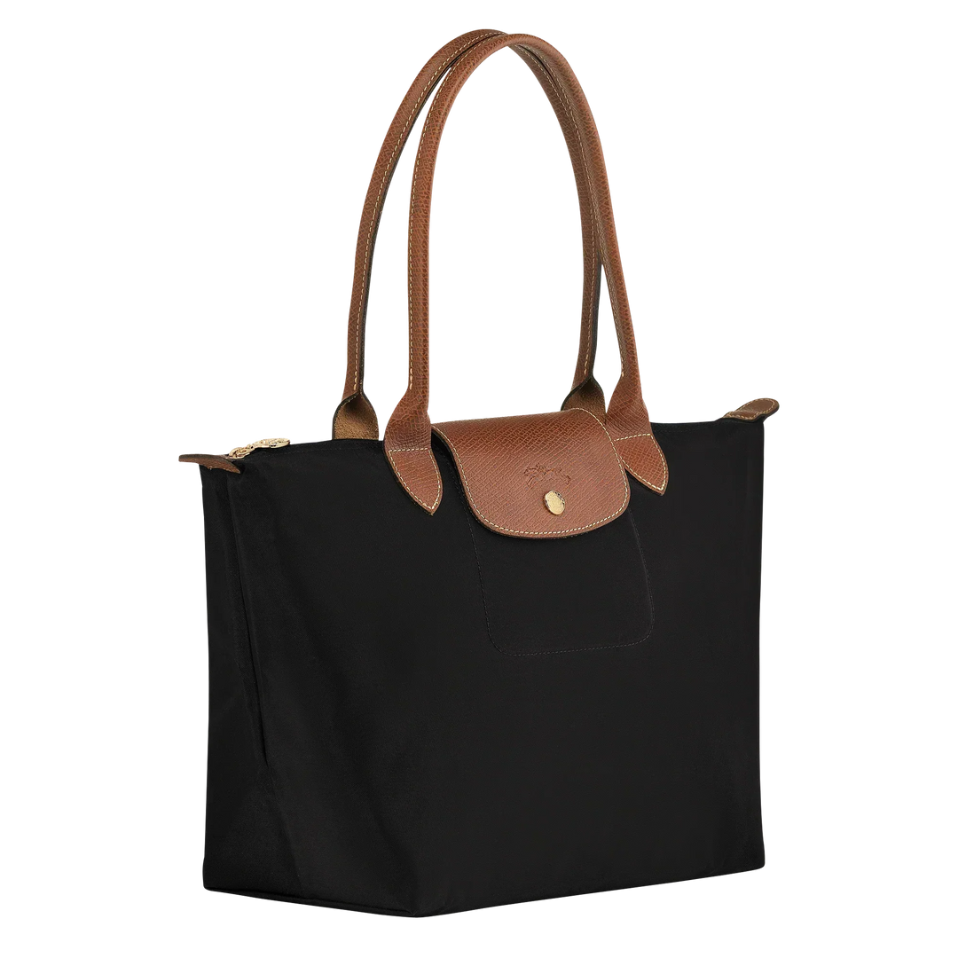 Longchamp medium tote in black with tan leather handles and front flap pocket