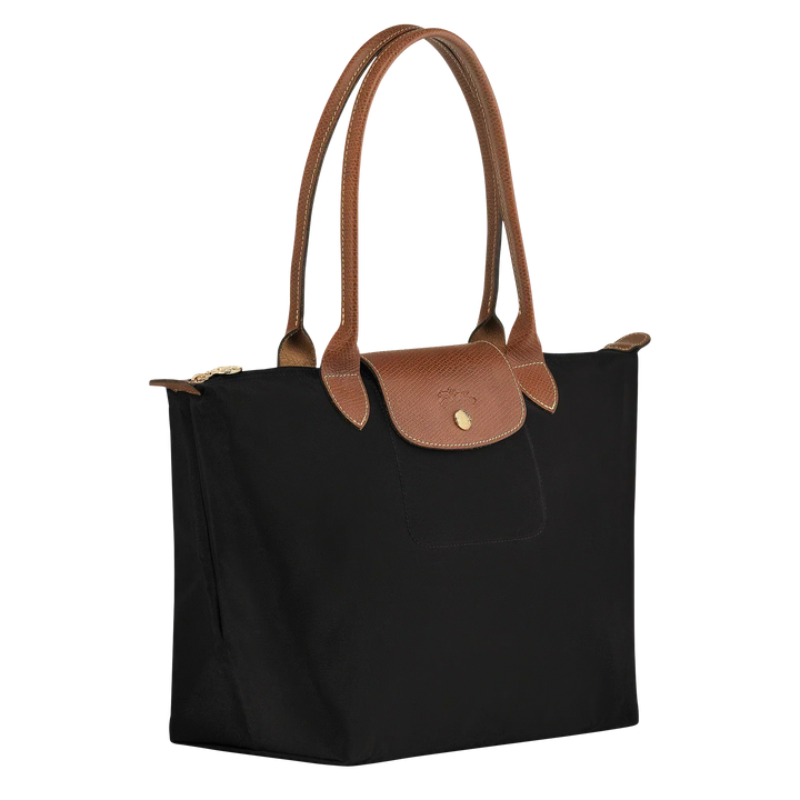 Longchamp medium tote in black with tan leather handles and front flap pocket