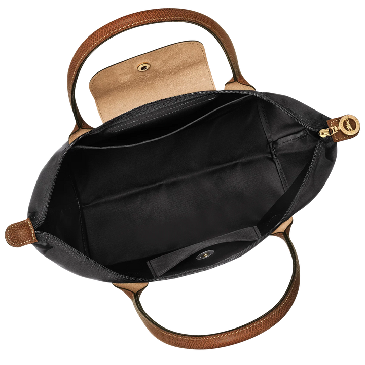 Longchamp medium tote open view: black interior with tan base flap and leather trim
