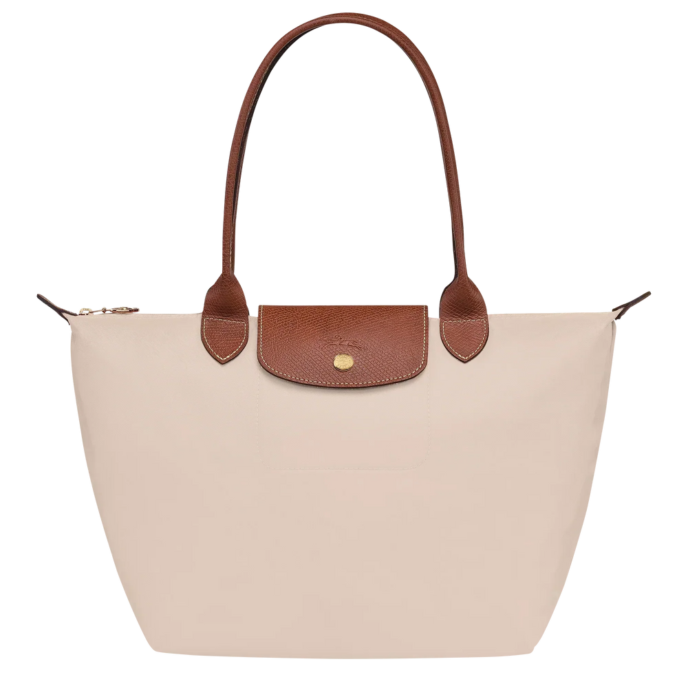 Longchamp Medium Le Pliage tote in paper canvas with brown leather handles and snap pocket