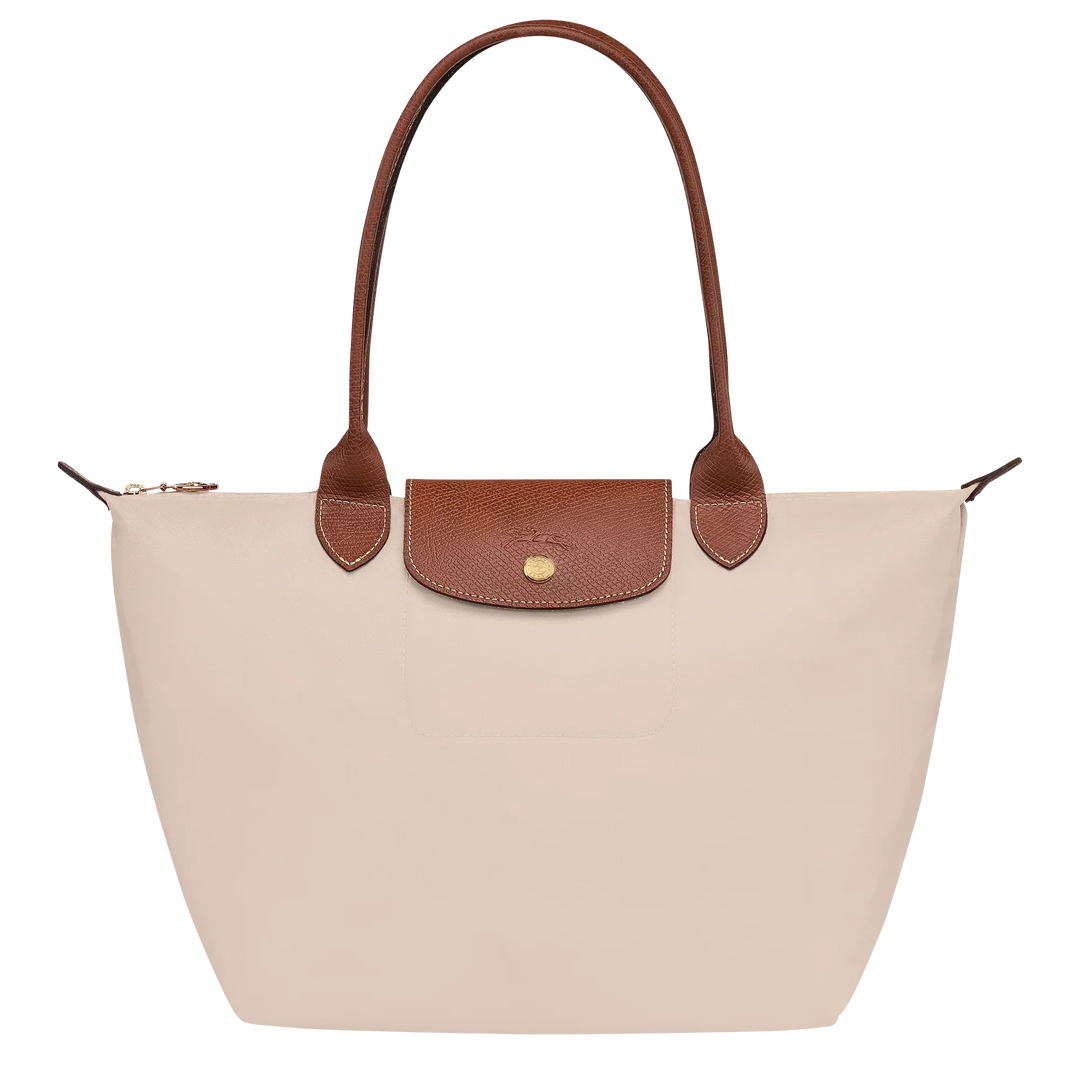 Longchamp Medium Le Pliage tote in paper canvas with brown leather handles and snap pocket